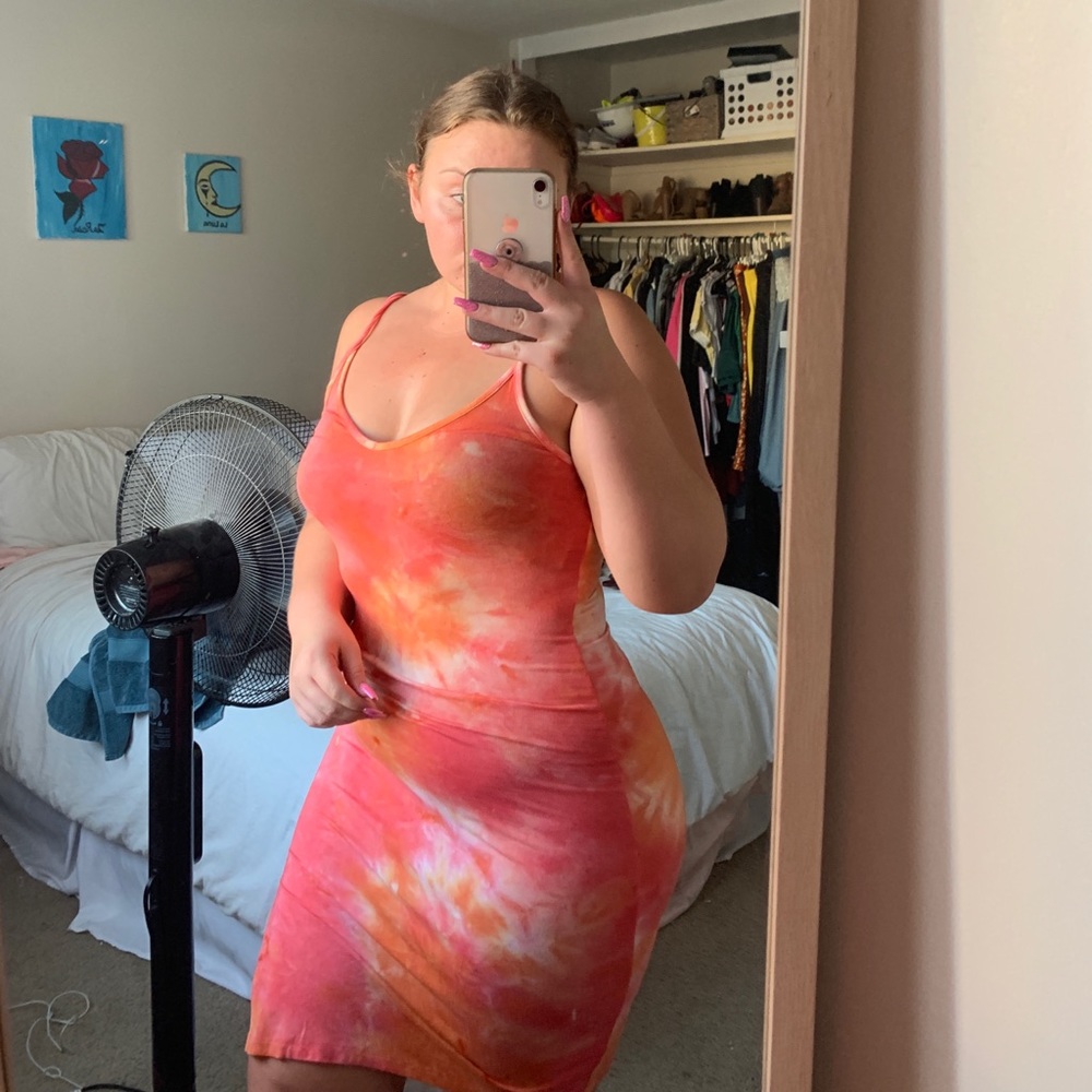 Orange, pink, and white tie dye dress